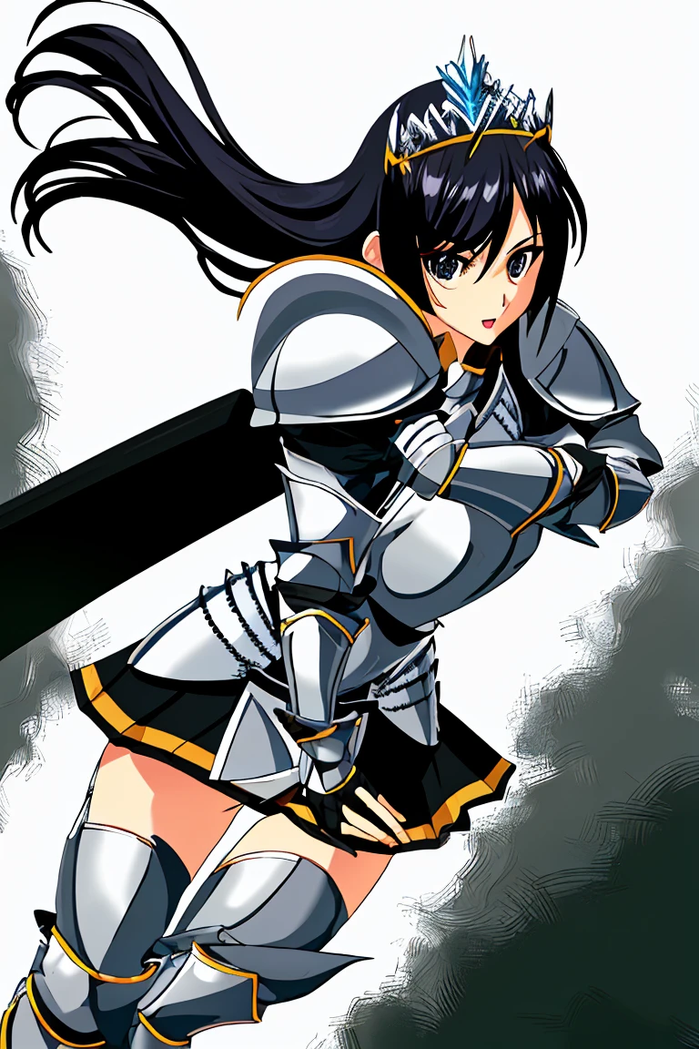 female knight　armor　tiara　Black Hair　White mini skirt　battlefield