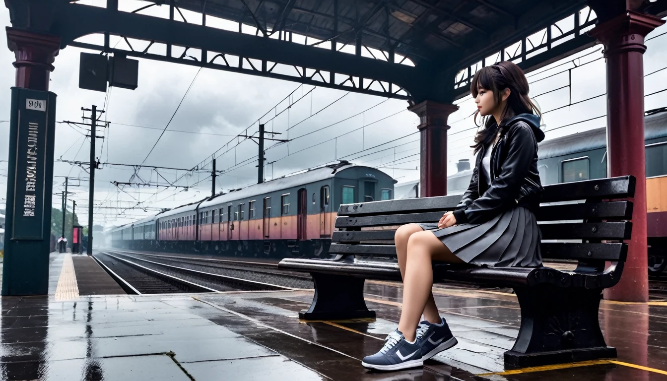 Ultra high definition photo. The sky is cloudy and full of dark clouds. It's dark like a place where it's going to rain. At an old train station, a girl sits lonely on her bench. Her hair is flying. The girl is wearing her pleated skirt and her bb sneakers. You can see the back of the train that has just passed. Close-up side shot of a girl