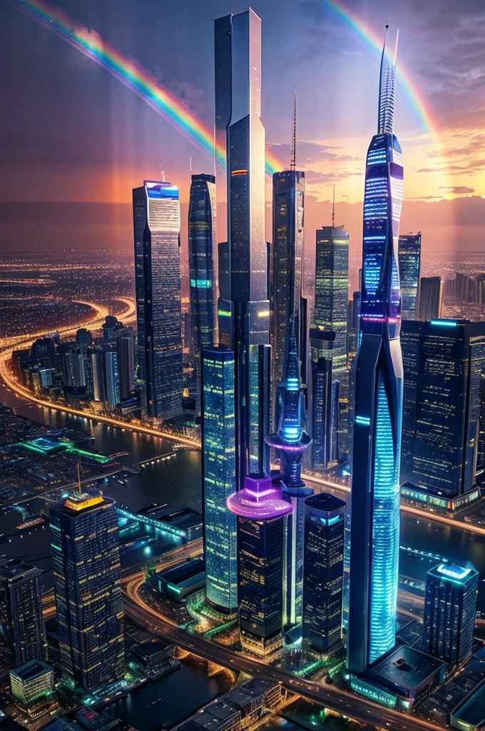 Create an image of a futuristic city with devices and the Muslim Youth Club a fugitive, against the backdrop of a rainbow and sunset in the sky.
