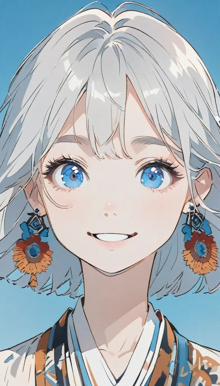 Minimalist，Stylish girl，Gray Hair，Blue background，Wear special earrings，Bohemian style，Defined eyelashes，Bright Blue Eyes，clean通透的眼珠，close，Portrait Camera，Smiling face flat illustration，geometry，clean，Japanese Manga