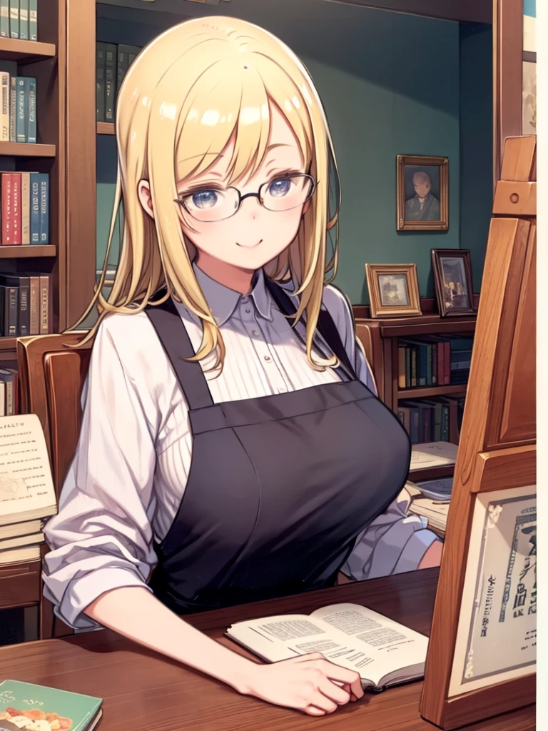 One Mature Woman、sit at the counter of a bookstore、Glasses、apron、Big Breasts、Blonde、Listless、Sleepy eyes、Smiling Kindly、tilting the head、book clerk、Bookshelf、Retro interior、Upper Body、Close-up、Put your elbows on the counter、Angle from above、Nameplate、