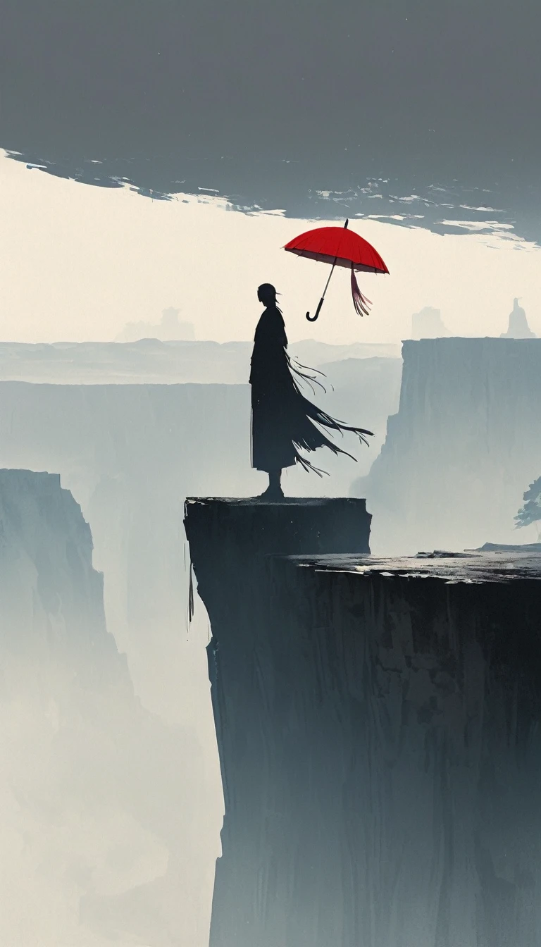 simple，Minimalist illustration，1pcs red umbrella-suspended in the air，Tassels on umbrellas，solitary figure，Cliff Edge，bridge