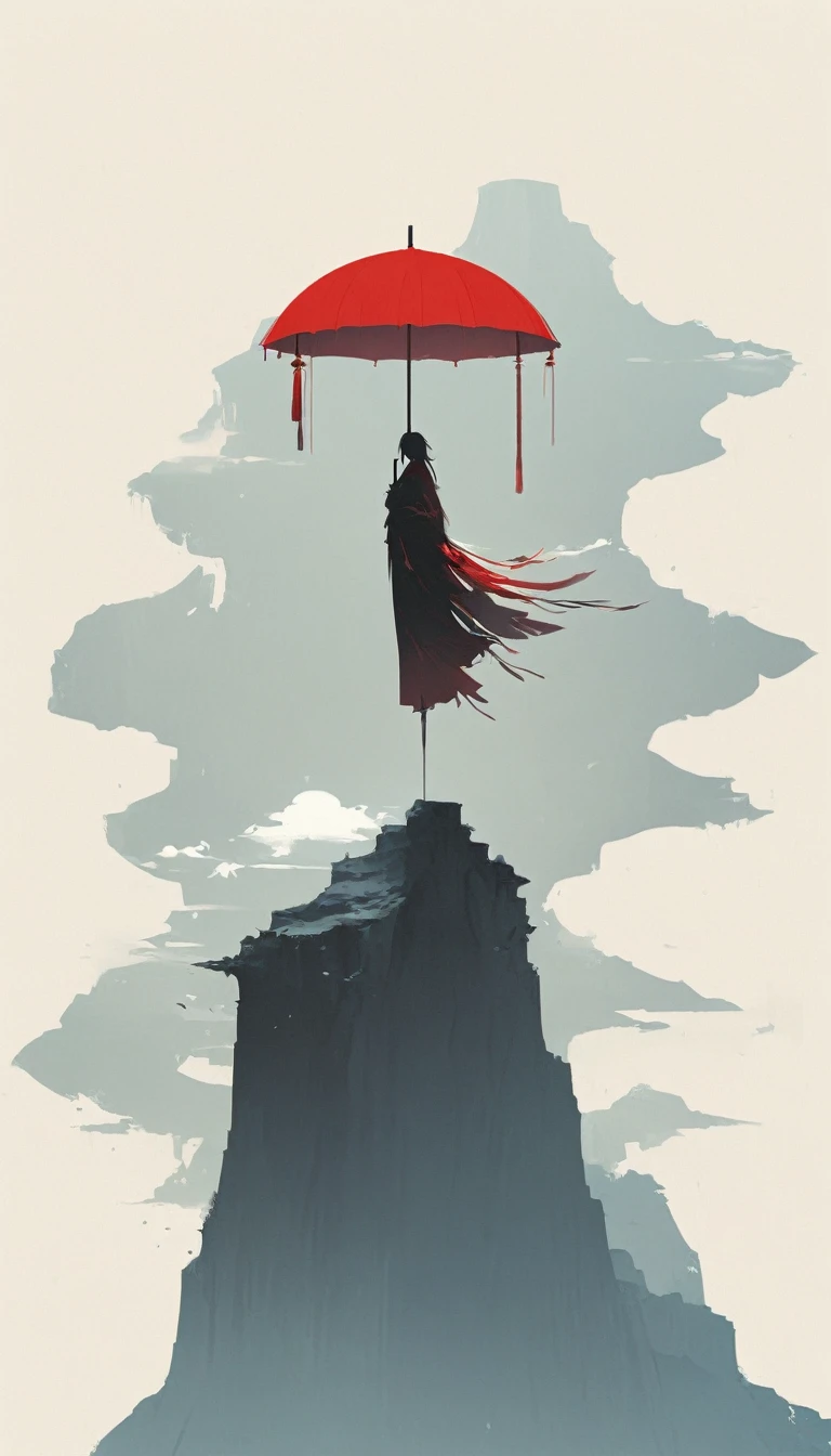 simple,Minimalist illustration,1pcs red umbrella tassel,solitary figure,Cliff Edge,bridge