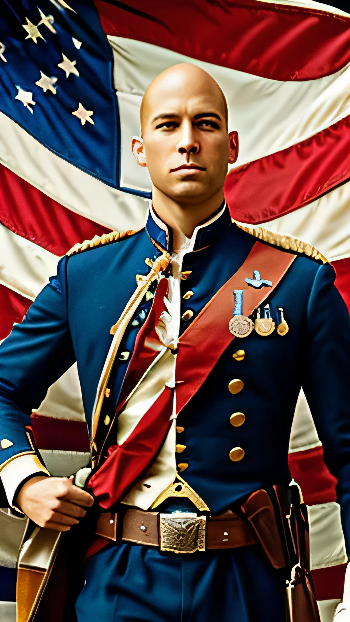 super fine illustration, top quality, American hero, inspired by history, strong and courageous, revolutionary war uniform, detailed attire, holding American flag, dynamic pose, vibrant colors, background of historical landmarks, liberty bell, bald eagle, dramatic lighting, patriotic atmosphere, intricate details, realistic style, heroic presence, symbols of freedom, historical elements, powerful imagery