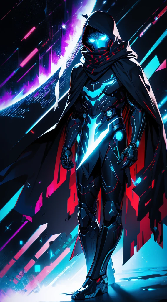 realistic,shiny,reflective,bioluminic, galactic cybernetic mask,mecha,(assassin:1.2),((((scarf,long cloak)))),sh4g0d,GlowingRunes_red,fullbody,cinemnatic,dark background,backlight,high contrast