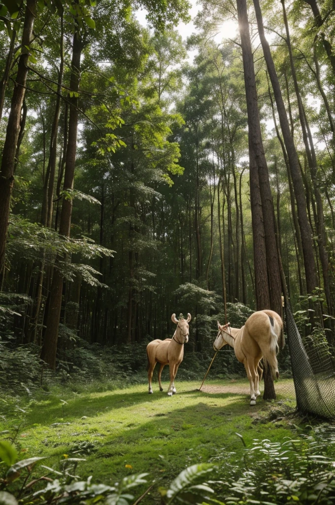 An image of Ram and Billu in action, setting up a clever trap in a forest clearing. Ram might be placing a net or arranging some obstacles, while Billu is watching attentively, as if understanding the plan.
