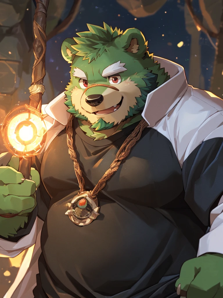 anthro, kemono, male, solo, ((round face, very plump face, thick beard)), ((endomorph body type, old-aged)), (adventure costume), ((green bear, bear) fluffy fur, fluffy), (at old ruin, dungeons), bokeh, (high quality, highres, masterpiece), (dynamic lighting, vivid color), (generous smile), (face focus), front view (close up), cartoon, (((green bear))), (((green fur))), green hair, beard, white eyebrows, bald, detailed red eyes, tall, mage staff, magic, (black t-shirt inside), (((white unhooded trench coat ))), by zixiong, by takemoto arashi, by zixiong, (by null-ghost:0.8), (by t.y.stars:0.4)