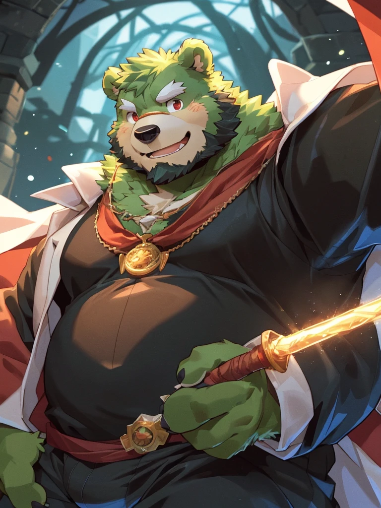 anthro, kemono, male, solo, ((round face, very plump face, thick beard)), ((endomorph body type, old-aged)), (adventure costume), ((green bear, bear) fluffy fur, fluffy), (at old ruin, dungeons), bokeh, (high quality, highres, masterpiece), (dynamic lighting, vivid color), (generous smile), (face focus), front view (close up), cartoon, (((green bear))), (((green fur))), green hair, beard, white eyebrows, bald, detailed red eyes, tall, mage staff, magic, (black t-shirt inside), (((white unhooded trench coat ))), by zixiong, by takemoto arashi, by zixiong, (by null-ghost:0.8), (by t.y.stars:0.4)