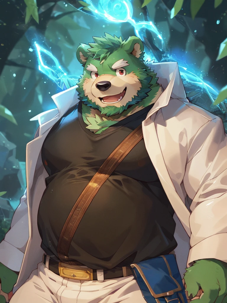 anthro, kemono, male, solo, ((round face, very plump face, thick beard)), ((endomorph body type, old-aged)), (adventure costume), ((green bear, bear) fluffy fur, fluffy), (at old ruin, dungeons), bokeh, (high quality, highres, masterpiece), (dynamic lighting, vivid color), (generous smile), (face focus), front view (close up), cartoon, (((green bear))), (((green fur))), green hair, beard, white eyebrows, bald, detailed red eyes, tall, mage staff, magic, (black t-shirt inside), (((white unhooded trench coat ))), by zixiong, by takemoto arashi, by zixiong, (by null-ghost:0.8), (by t.y.stars:0.4)
