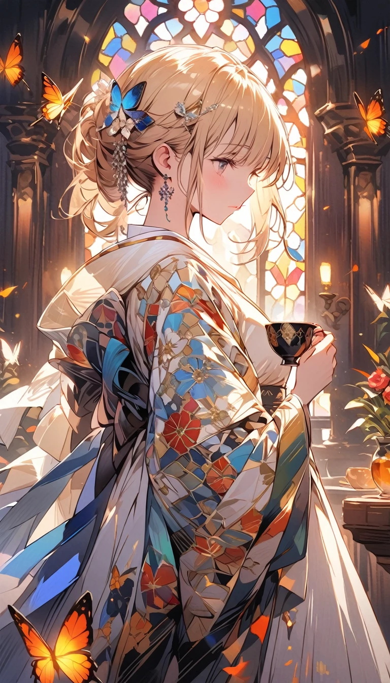 "Depicts figures adorned with flowers and jewels、Exquisite and delicate stained glass style illustrations, Holding a cup of tea, There is a butterfly nearby, Surrounded by gorgeous patterns and warm lighting."
