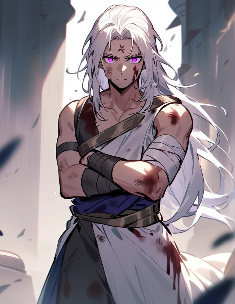 young Greek warrior with very long white hair, violet eyes, with one of his arms bandaged, with his face badly bruised and bleeding from his forehead, and with blood on his clothes, standing with a defiant look
