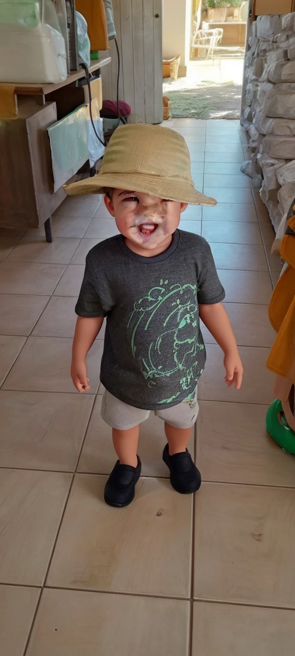 1 year old boy with black t-shirt and green pants