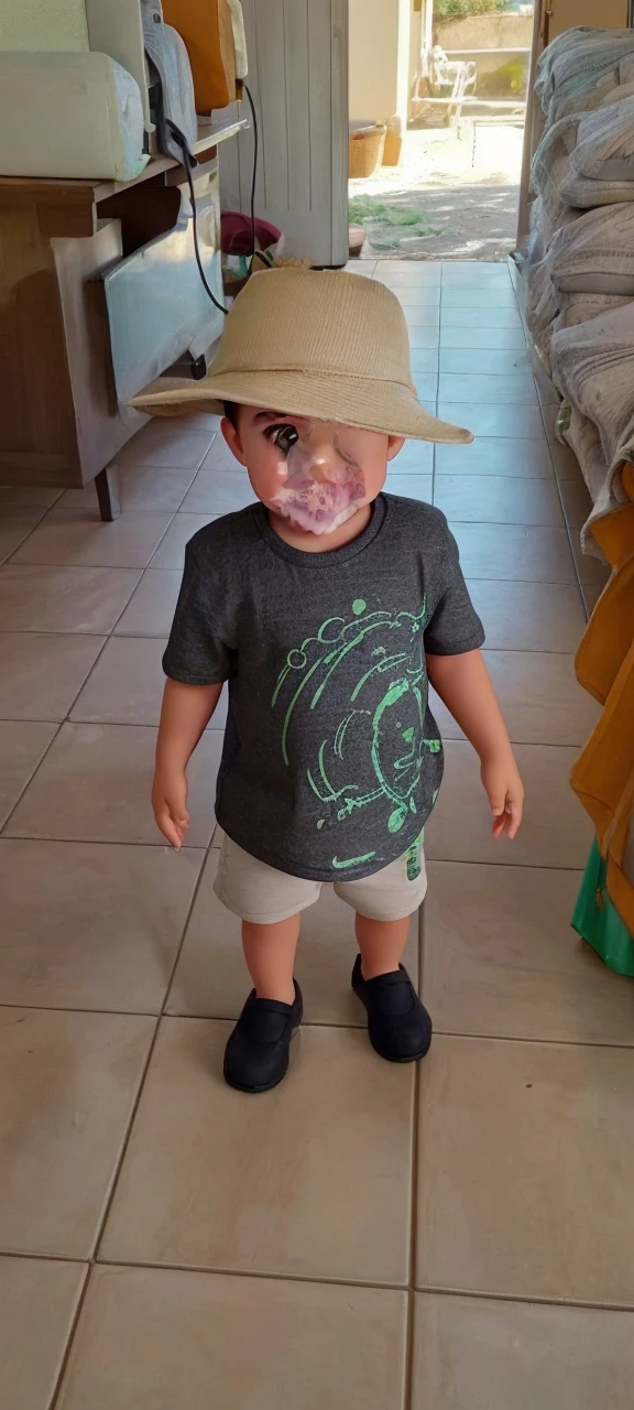 1 year old boy with black t-shirt and green pants