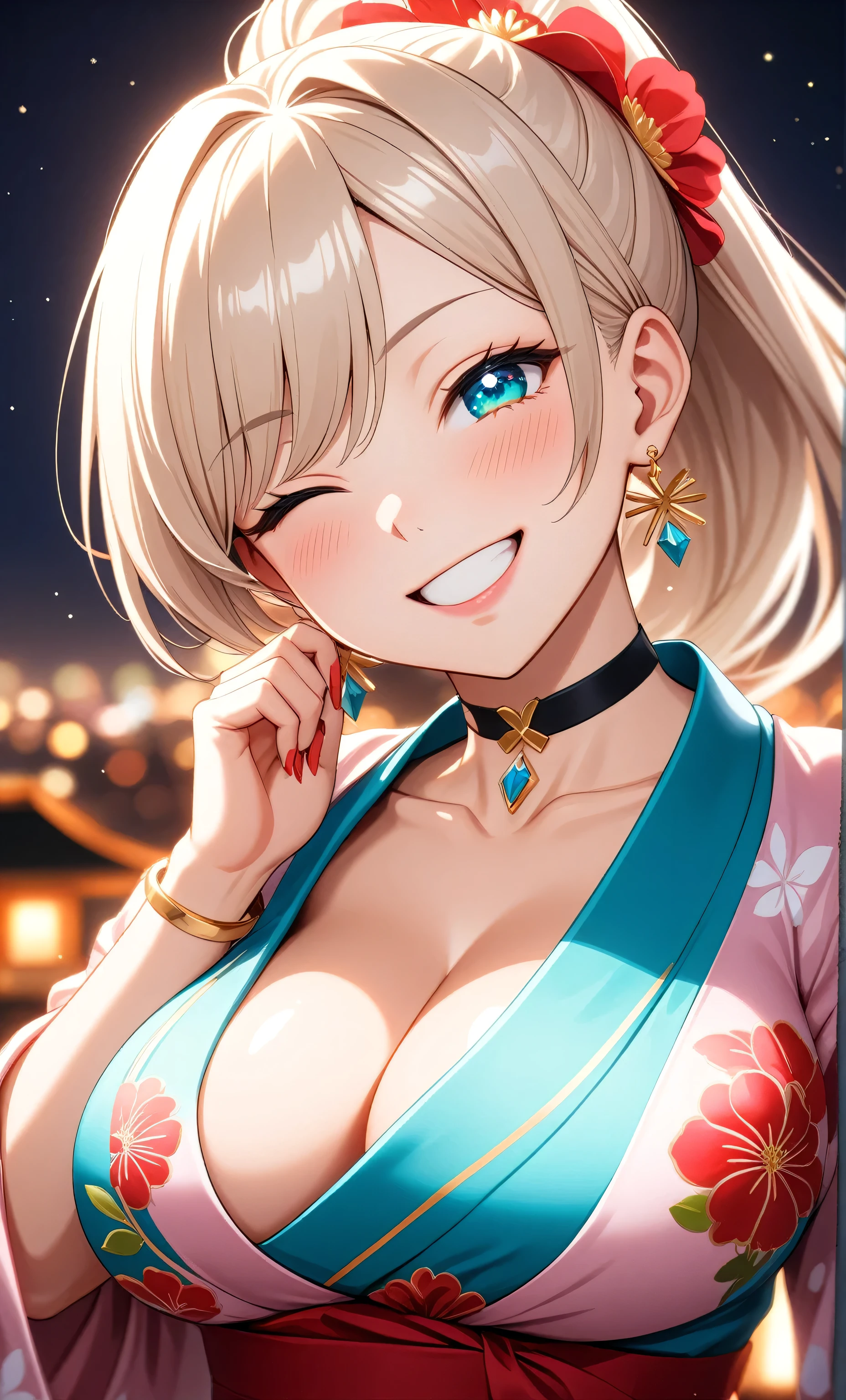 ((one personの女性)), Beautiful Face, ((Laughing embarrassedly)), (laugh),((wink:1.7)), (head tilt), Laugh with your mouth wide open,((Bright red cheeks:1.4)),Shiny red lips,night,Yokohama night view,You can see the ocean, firework,Laughing with your mouth open,Glossy pink lips,Facial lighting,((Anime style background)),masterpiece, Highest quality, so beautiful,up to date, complex details, (Pink long nails),(ring),(bracelet),(choker),AI-generated, complex,High resolution, Highest quality, super high quality,3D Images、3D Images,one person,Long blonde hair,High Ponytail,(turquoise blue eyes),Anime woman posing for a photo, ((Fine grain、Colorful eyes、Shining Eyes:1.3)),(Squint your eyes:1.1),a hyperRealistic , hyperRealistic , Realistic,Anime woman with long white hair, Smooth anime CG art, A woman in a colorful kimono with gold embroidery, (Pink long sleeve kimono),Red floral pattern,Long flower hair ornament,Earrings,Mature Body,(Big Breasts:1.1),Tall,Abdominal muscles,Tight waist,(Zoom up to face:1.5),(front view),