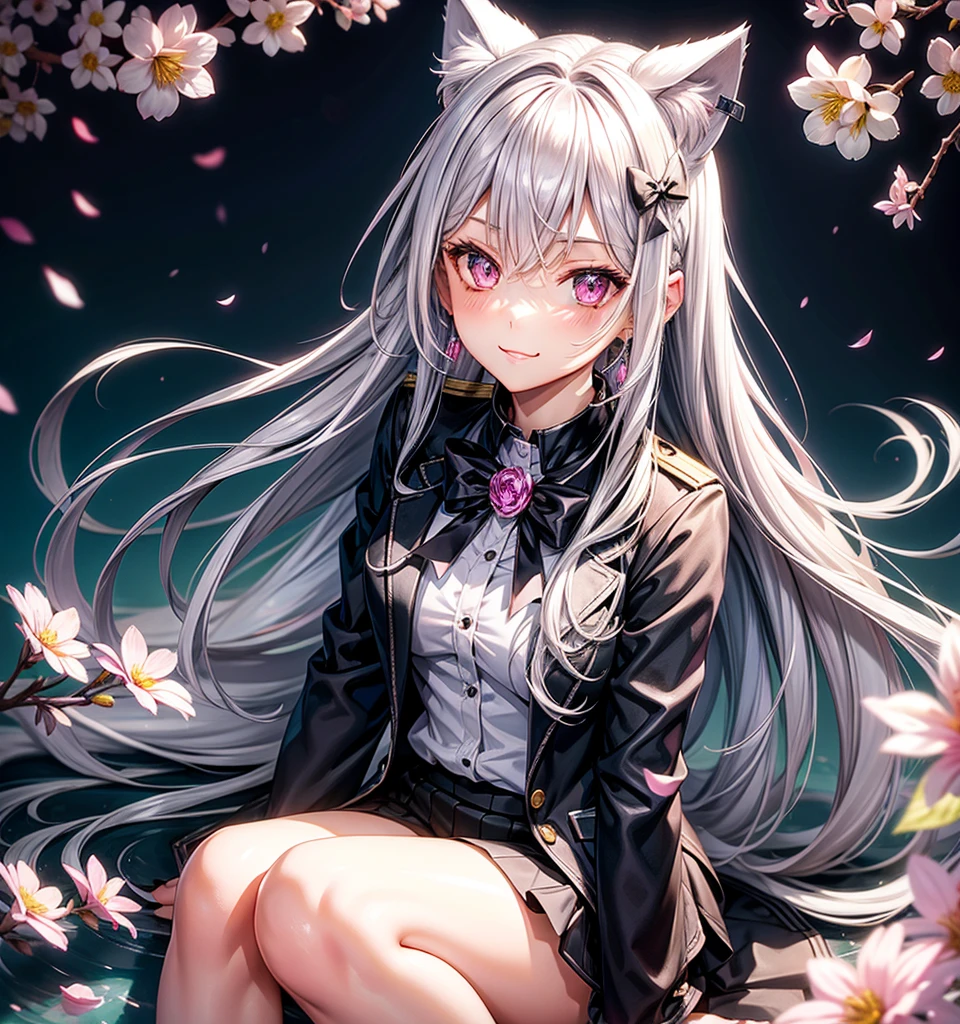 Silver hair, pink eyes, body, cat ears, sexy girl, earrings, flower sky background, uniform, hair bows, sit down, happy face