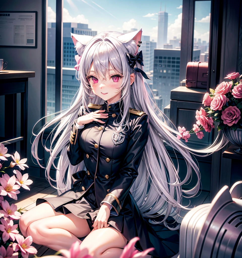 Silver hair, pink eyes, body, cat ears, sexy girl, earrings, flower sky background, uniform, hair bows, sit down, happy face