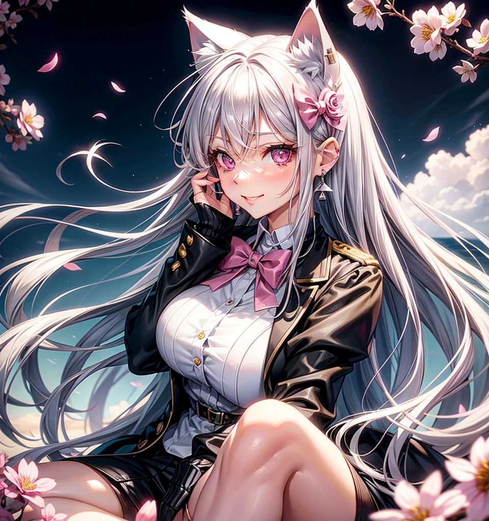 Silver hair, pink eyes, body, cat ears, sexy girl, earrings, flower sky background, uniform, hair bows, sit down, happy face