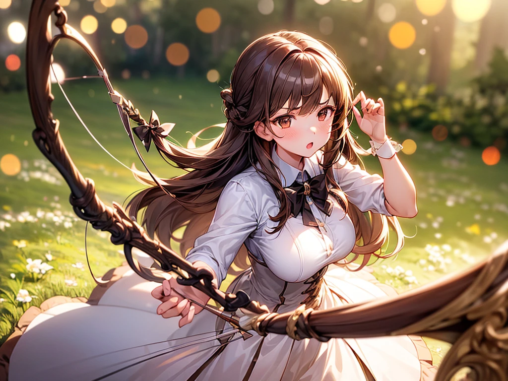 ((1young girl, brown long hair, brown eyes)), (best quality), (ultra-detailed), illustration, (detailed light), (an extremely delicate and beautiful), (serious:1.4) white shirt, black tie, brown skirt, ((readying a bow and arrow)), from above, (Beautiful large breasts:1.3), best quality, extremely detailed CG unified 8k wallpaper, High-definition raw color photos, professional photography, (((Bokeh))), In the forrest