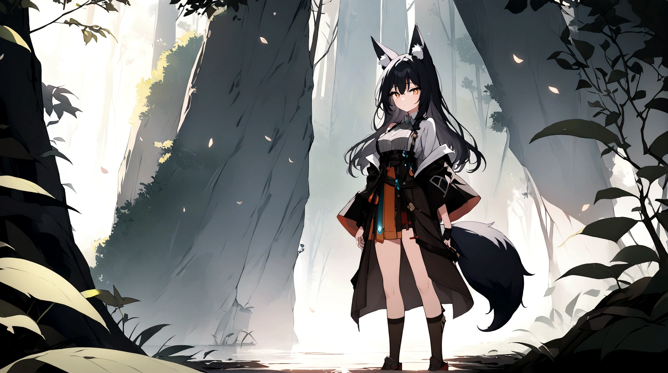 (1girl, Masterpiece, best quality) (detailed and beautiful eyes:1.6) (perfect hands, perfect anatomy) ((full body)) ((Adult)) fox-girl Misaki has ((short black hair styled in a slightly tousled manner and her fox ears are perked up attentively.)) (She wears a black leather coat and cloak adorned) Her outfit includes a (high-collared adventurer medium dress with red accents and leather straps, emphasizing a combination of practicality) and elegance. She has a black fluffy fox tail. She has a black over-to-knee socks. Misaki's orange eyes exude a sense of mystery and confidence. Light filtering through the leaves create a serene yet enigmatic atmosphere. Her standing positon showcases her strength, adultness and readiness for battle.
