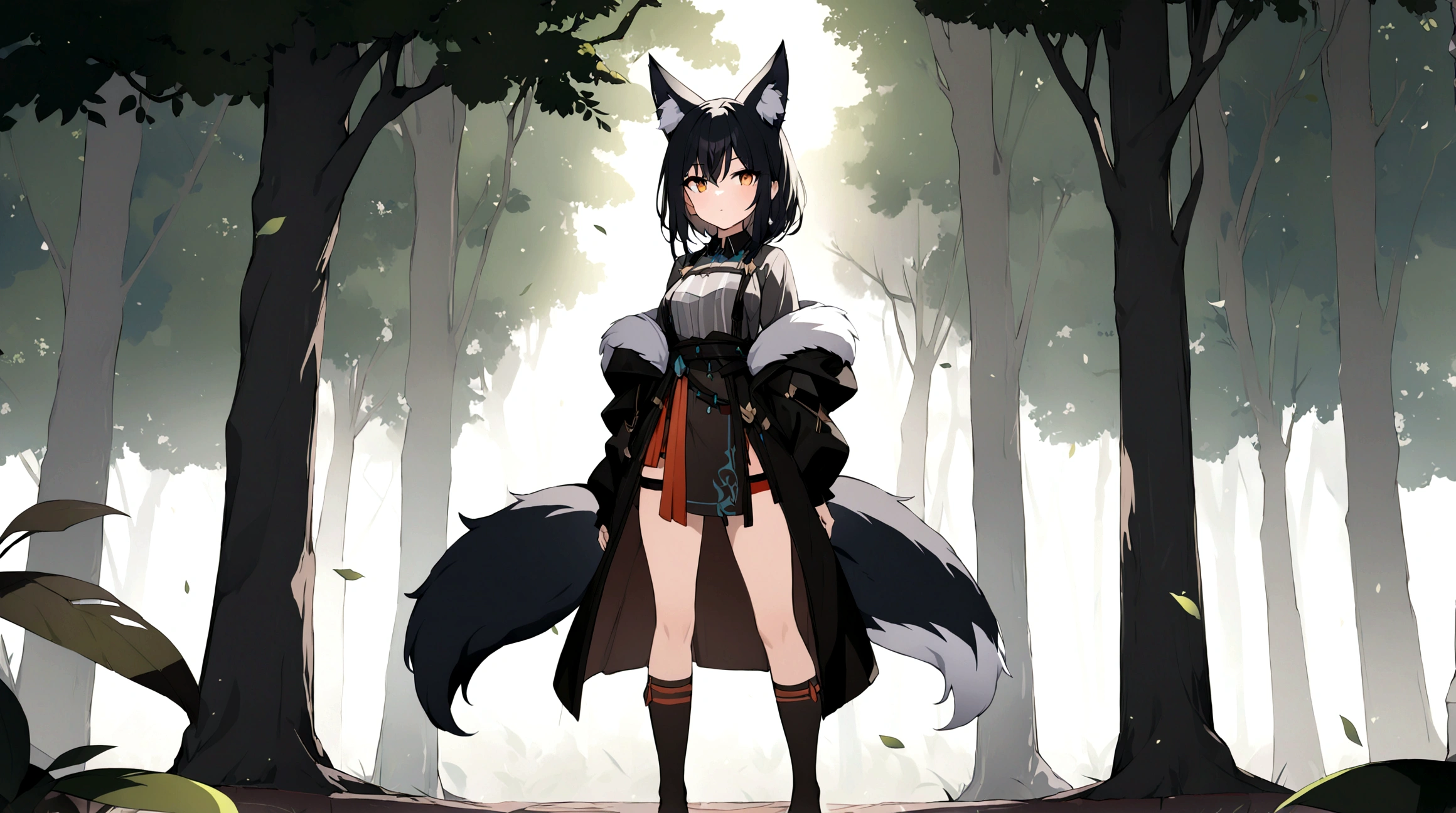 (1girl, Masterpiece, best quality) (detailed and beautiful eyes:1.6) (perfect hands, perfect anatomy) ((full body)) ((Adult)) fox-girl Misaki has ((short black hair styled in a slightly tousled manner and her fox ears are perked up attentively.)) (She wears a black leather coat and cloak adorned) Her outfit includes a (high-collared adventurer medium dress with red accents and leather straps, emphasizing a combination of practicality) and elegance. She has a black fluffy fox tail. She has a black over-to-knee socks. Misaki's orange eyes exude a sense of mystery and confidence. Light filtering through the leaves create a serene yet enigmatic atmosphere. Her standing positon showcases her strength, adultness and readiness for battle.