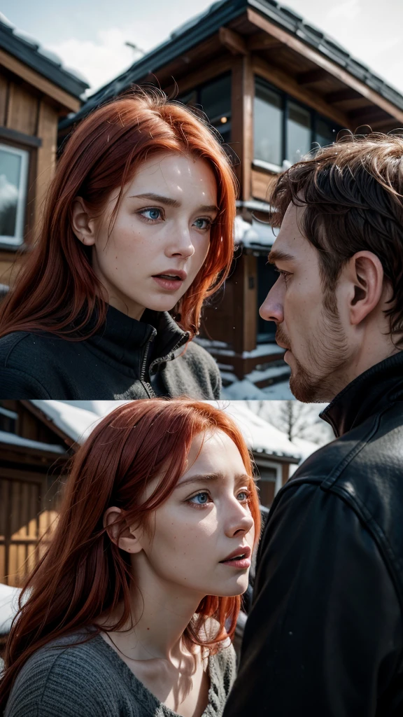 Red-haired Norwegian woman, arguing with dark brown-haired Norwegian man, in front of her house, cinematic, realistic image