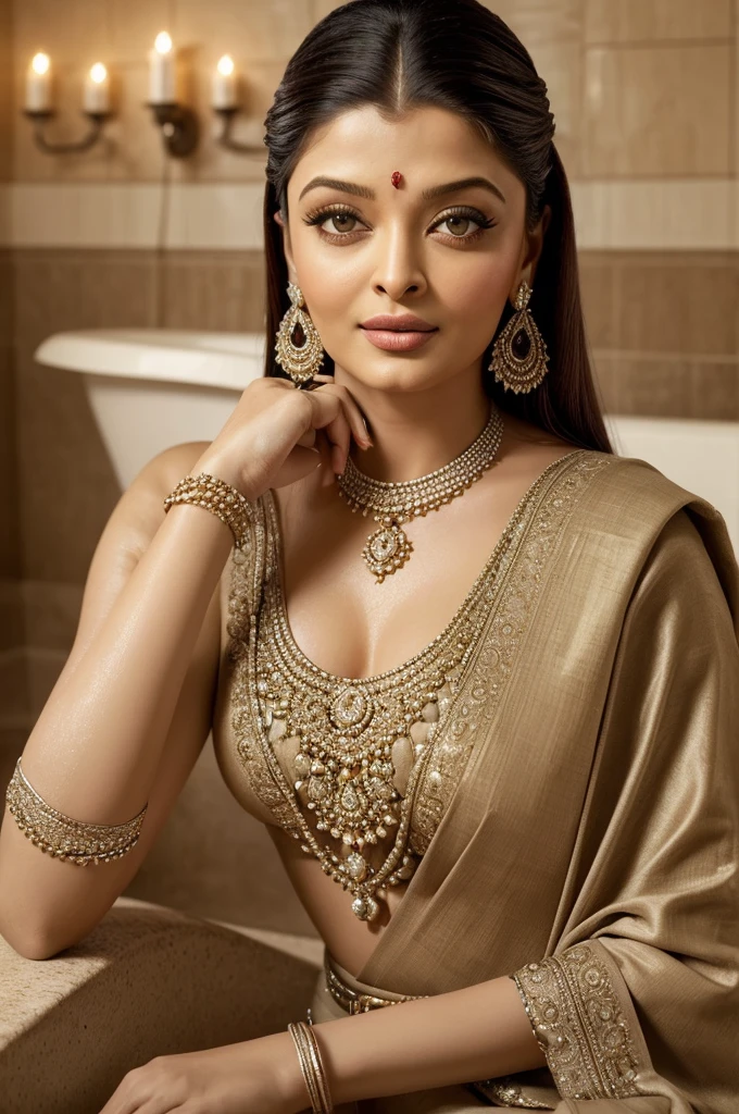 (a beautiful portrait,painting,classic:1.1),(aishwarya rai),(artistically drawn eyes:1.1,artistically painted lips:1.1),(best quality,ultra-detailed,highres:1.2),(realistic,photorealistic:1.37),traditional (Indian) jewelry,(detailed maang tikka:1.1, shiny magalsutra,stacked bangles:1.1, intricate waist chain:1.1),old-fashioned bathroom,bathtub,(elegant pose,relaxed posture),soft lighting,subtle color palette