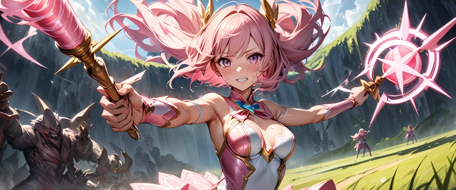(Perfect Anatomy)、Mastepiece、Ultra High Quality、 8K、masterpiece、Highest quality、Ultra-high resolution、Maximum resolution、Very detailed、Professional Lighting、anime、woman、thin、so beautiful、Highly detailed eye、Highly detailed face、Golden earrings、Pink Hair,、Pink eyes, upper arm pink armor, white leotard, pink pattern, grassland, whole body, magical girl, Angel Girl, fighting pose, holding a luxurious magic wand in hand, (((big magic wand))), sweat, hold a magic wand in both hands, Magic attack with magic wand, magic attack, (fight multiple monsters1.3)