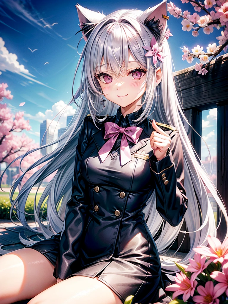Silver hair, pink eyes, body, cat ears, sexy girl, earrings, flower sky background, uniform, hair bows, sit down, happy face