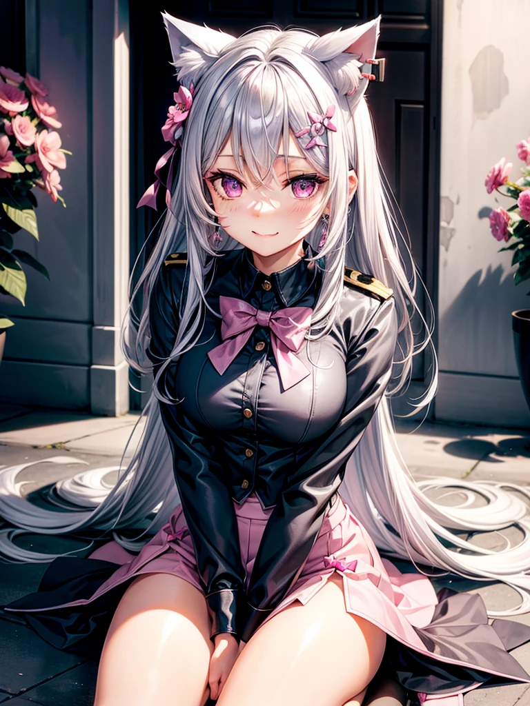 Silver hair, pink eyes, body, cat ears, sexy girl, earrings, flower sky background, uniform, hair bows, sit down, happy face