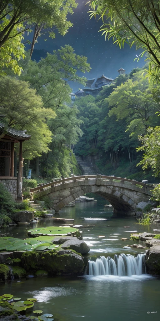 (Beautiful ancient Chinese architecture, moonlight twinkling, lakes at night, shaded by bamboo forests, stone bridge arches, gurgling water, rockery stone paths, blooming water lilies, hot spring water vapor, auspicious moonlight illustration: 1.0), epic composition, super details Realistic, highly realistic lighting, best wallpaper quality, masterpiece. (very detailed CG unity 8k wallpaper) .