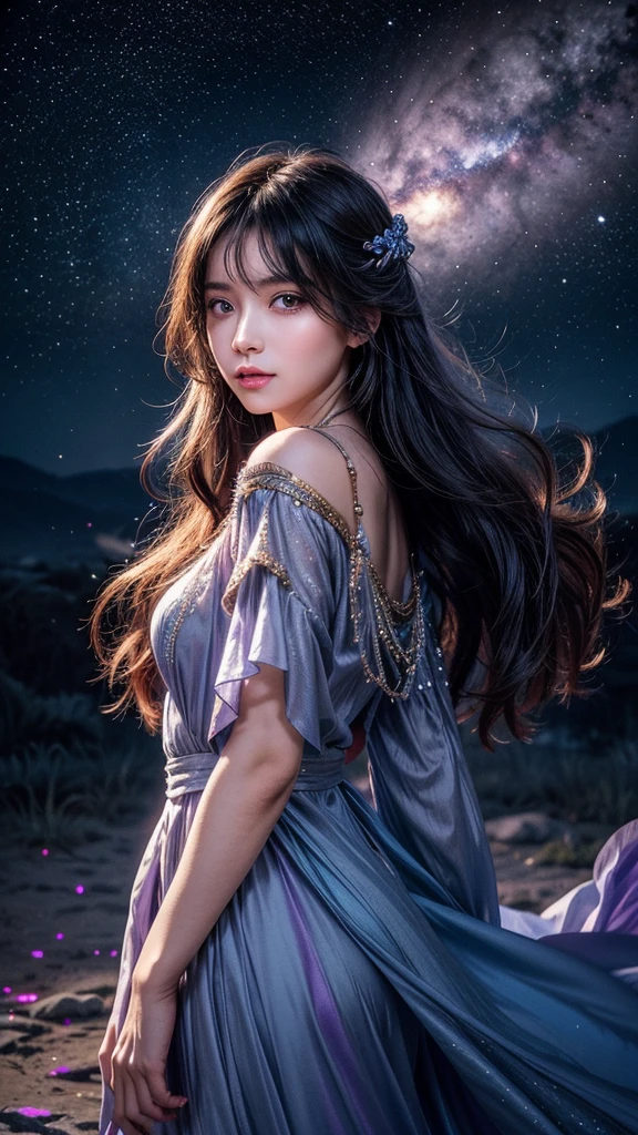 Background with: Mysterious quantum environment, Cosmic elements and ethereal atmosphere,A mix of bright lights and colorful nebulae. The subject: A mysterious girl with a magical aura. she has grown,dygj \(manaka nemu\),Look at the audience, Colorful wavy curls, Shiny hair stands out. His eyes are deep and expressive, Reflection Universe. She wore a flowing dress in purple and blue, With intricate details and mysterious textures. Color Palette: A combination of mysterious shades such as cosmic purple, cerulean, soft pinks and hints of gold. create contrast, Increase depth, deep colour, Such as dark purple or night blue. aesthetics: The aesthetic combines elements of Mistycore, Known for its mysterious and ethereal atmosphere, and crystal core, With its crystal clarity and sparkling detail. The girl exudes magical energy,Her presence hangs over hescinating. Overwritten: Leaves a subtle glow effect and glitter coverage all around the girl, Overwritten: Add a soft glow effect around the girl and crystal, It seems to exude magic. inca, Add small details of flash,Enhance the ethereal atmosphere.
