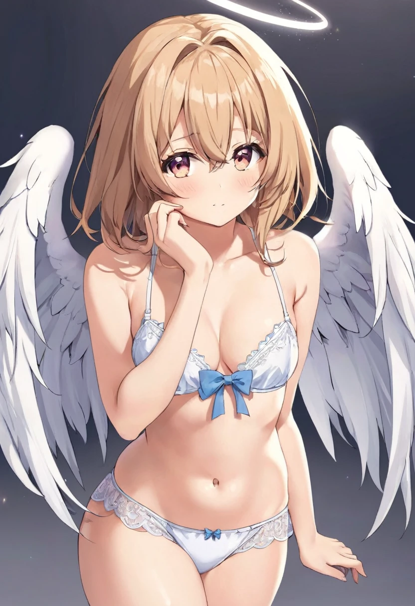 1girl, purple color eyes, looking at viewer, solo, white bikini, angel, angel wings, collarbone, feathered wings, white wings, blonde hair, standing, perfect quality, good quality, masterpiece, HDR, UHD