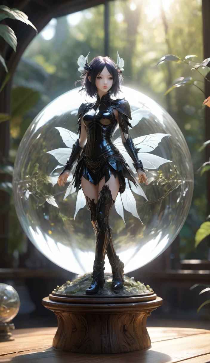 ((Intricate details, ultra - detailed)),primitive,f/x 1,Photorealistic,Hyper-realism,Environmental occlusion,Light refraction,Depth of field,。.。.3D,hdr,8K,Ray traching,realistic shaded,volumettic light,full bloom,(miniature figure),(Large, High tightness, in the glass spherical biosphere ((Gothic fairies)) Dressed in tattered black bikini armor,Symmetrical black wings),On a beautiful old polished wooden table,Rustic office background,wood,embrassed,Realistic glass,Scattered adventurer gear,Amber dim lighting,Best quality,Beautiful composition,concept-art,Masterpiece,Intricate,rendering by octane,an award winning photograph,trending on artstationh,Unreal Engine 5,Original,