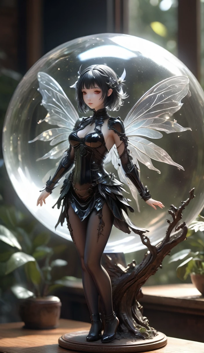 ((intricate details, hyperdetailed)),RAW,F/x 1,photorealistic,Hyper-realism,ambient occlusion,light defraction,depth of field,3D,hdr,8k,raytracing,realistic shadow,volumetric light,bloom,(Large Tall sealed glass spherical biosphere with ((goth fairy)) wearing tattered black bikini armor,symmetrical black wings),(miniature figure),fairy inside spherical biosphere,sitting on a beautiful old polished wooden desk,rustic office background,wood,brass,realistic glass,scattered adventurers gear,amber dim lighting,best quality,beautiful composition,concept art,masterpiece,intricate,octane render,award winning photograph,trending on artstation,unreal engine 5,original,