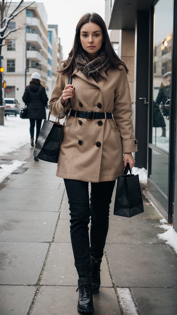 Woman, full length, walking sideways, dressed in stylish winter clothing, detailed face, dark hair, returning from shopping, detailed face.