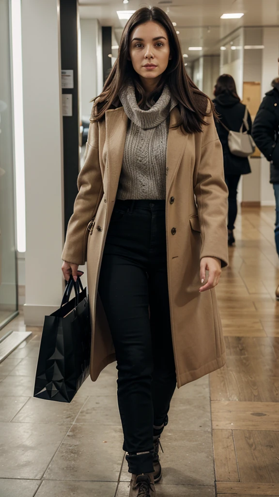 Woman, full length, walking sideways, dressed in stylish winter clothing, detailed face, dark hair, returning from shopping, detailed face.