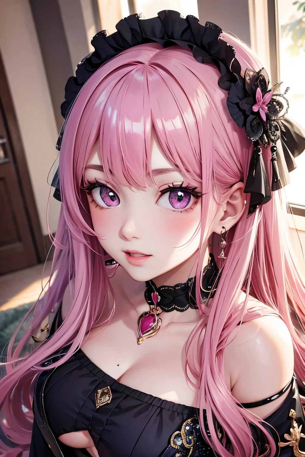 masterpiece, best quality, highly detailed, high resolution, expensive resolution, high resolution, 4k, 8k, uniform 8k wallpaper, highly detailed CG, masterpiece, 2d, 3d, beautiful details, depth, fine texture, best quality: 1.3, perfectly focused, sharp. skin, him, very cute anime girl, cute 20s girl in idol outfit, big , pink medium long hair in expensive clothes, mole under eye, looking at the viewer, expensive, blush, mole, open lips, pink eyes, smiling heart shaped choker, dome concert