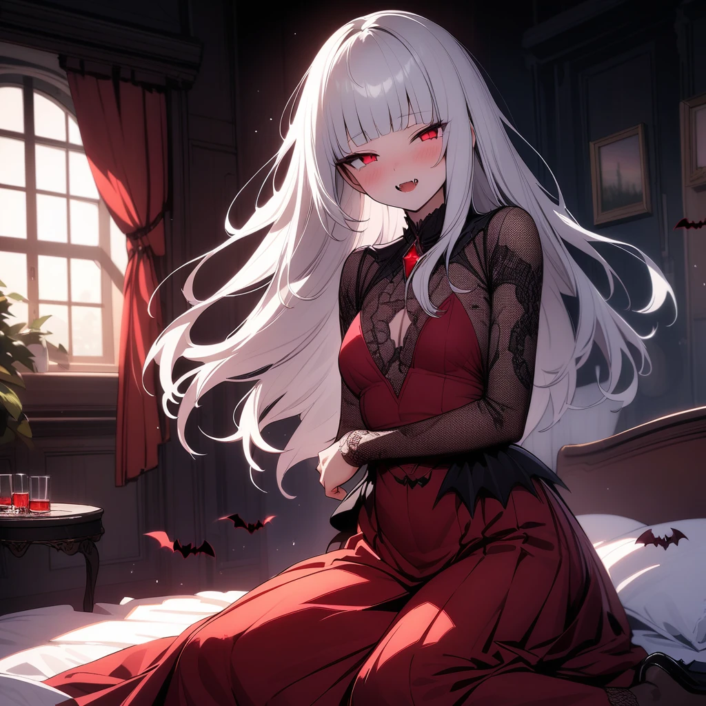 (masterpiece),(best quality),very aesthetic,(ultra-detailed),(illustration),(degenerate),very aesthetic,1girl,,slender,long hair,silver hair,straight hair,disheveled hair,(blunt bangs),red alluring eyes,sleepy,half closed eyes,condescending look,An elegant and sophisticated outfit perfect for a party, featuring a dark red long dress with lace accents sleeves,ecstasy,happy,inroom,on bed,wariza,daytime,Lascivious atmosphere,fantastic atmosphere,Sunlight shining through the window,forest landscape,curtains flutter in the wind,Toxic green colored lace thong,Old furnishings,dusty room,cowboy shot,looking at viewer,(fangs), vampire, tomato juice glass, dark fantasy, bat,bat's wings