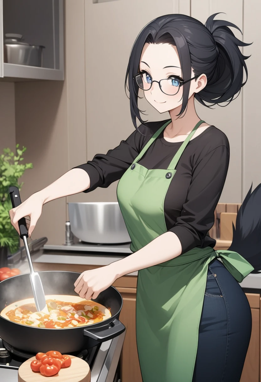 Adult female, highly detailed, glasses, short black hair wolf cut style tied back, blue eyes, smile, kitchen, green apron,  black shirt, black jeans, perfect eyes, high quality, best quality, big head, cooking, happy, bad body anatomy