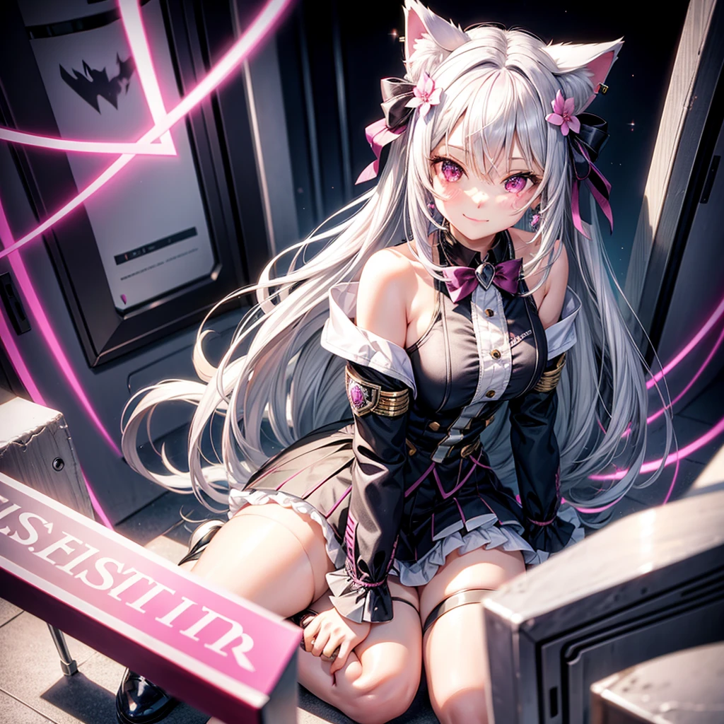 Silver hair, pink eyes, body, cat ears, sexy girl, earrings, light heart flower background, uniform, hair bows, sit down, happy face