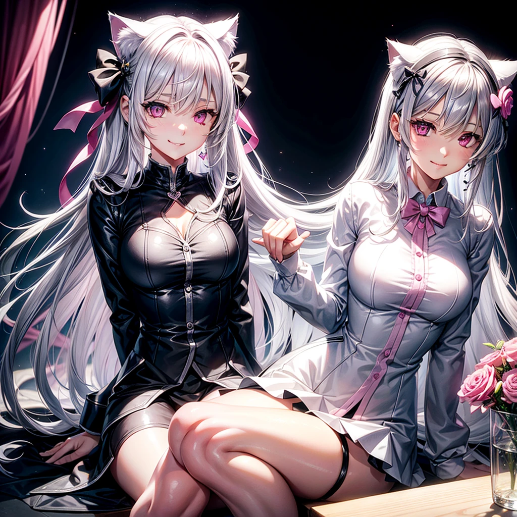 Silver hair, pink eyes, body, cat ears, sexy girl, earrings, light heart flower background, uniform, hair bows, sit down, happy face