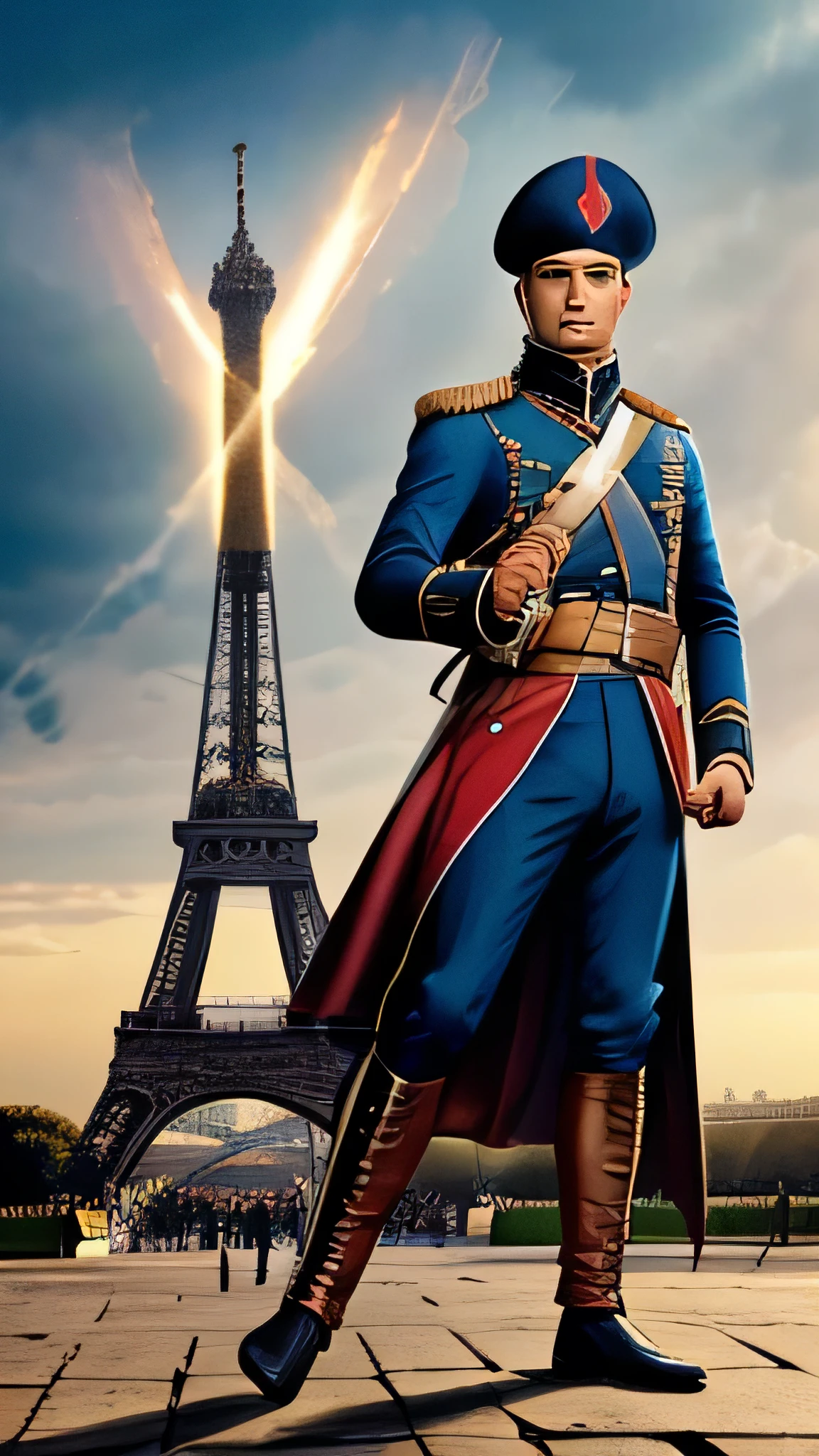 super fine illustration, top quality, French hero, inspired by history, Napoleonic uniform, detailed attire, holding French flag, dynamic pose, vibrant colors, background of historical landmarks, Eiffel Tower, Arc de Triomphe, dramatic lighting, elegant atmosphere, intricate details, realistic style, heroic presence, symbols of revolution, historical elements, powerful imagery, cultural richness