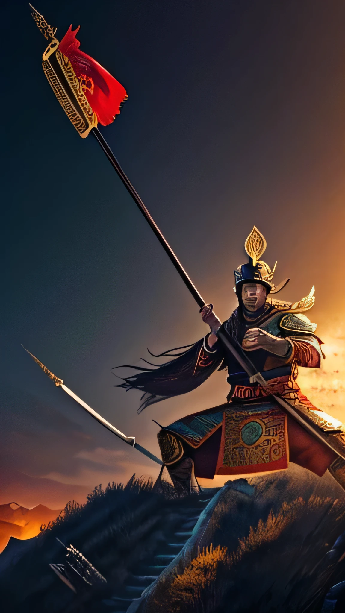 super fine illustration, top quality, Chinese hero, inspired by history, traditional armor, detailed attire, holding spear, dynamic pose, vibrant colors, background of historical landmarks, Great Wall of China, Forbidden City, dramatic lighting, majestic atmosphere, intricate details, realistic style, heroic presence, symbols of dynasty, historical elements, powerful imagery, cultural heritage