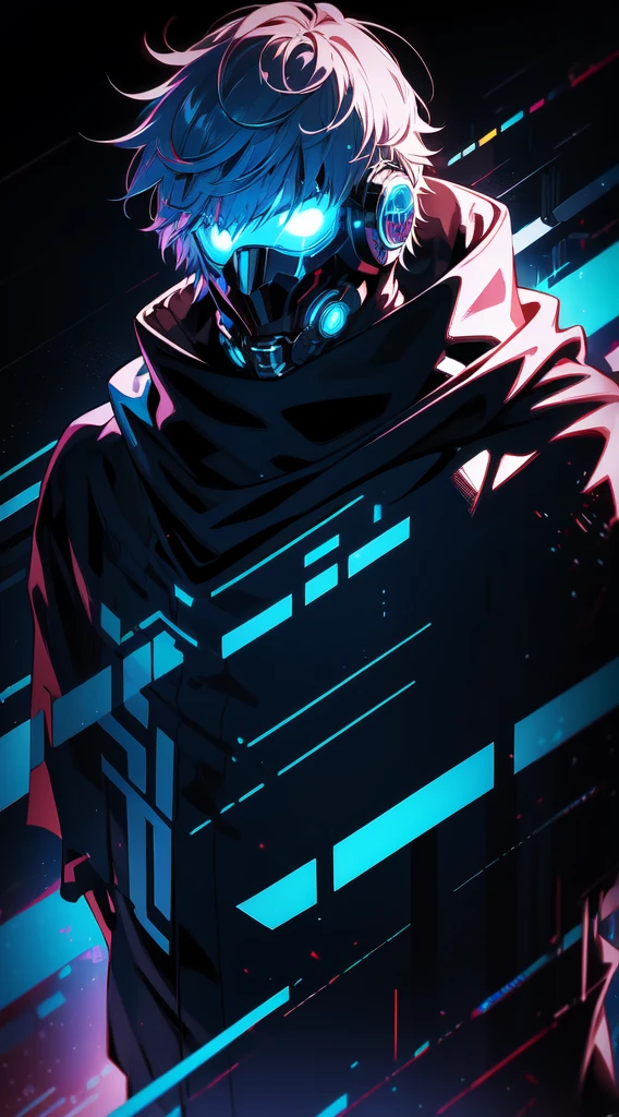 realistic,shiny,reflective,bioluminic, galactic cybernetic mask,mecha,(assassin:1.2),((((scarf,long cloak)))),sh4g0d,GlowingRunes_red,fullbody,cinemnatic,dark background,backlight,high contrast