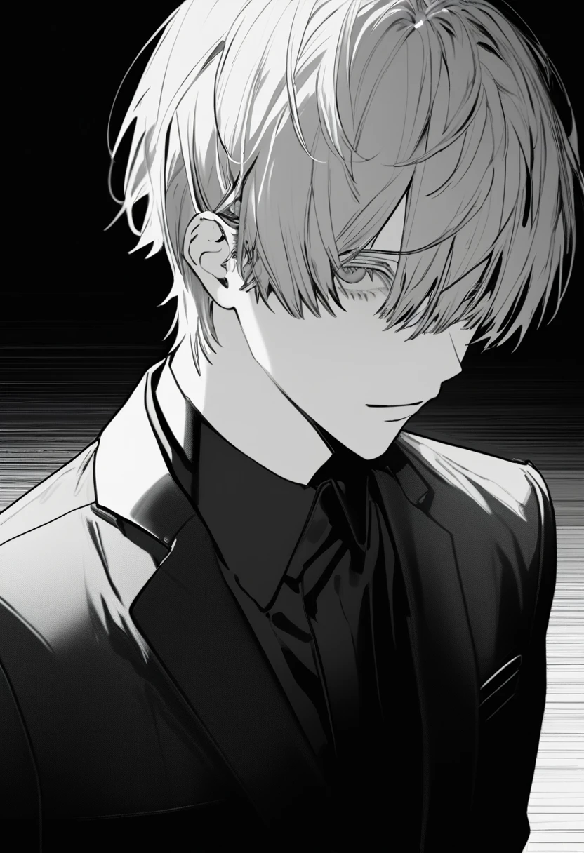 a yuto-sano boy, Kaneki, extremely detailed white hair, elegant, monochrome, solo, greyscale, male focus, looking at viewer, tired expression, eyebags, eyeblacks, extremely short hair, detailed facial features, cinematic lighting, (best quality,4k,8k,highres,masterpiece, focus,physically-based rendering,extreme detail description,professional