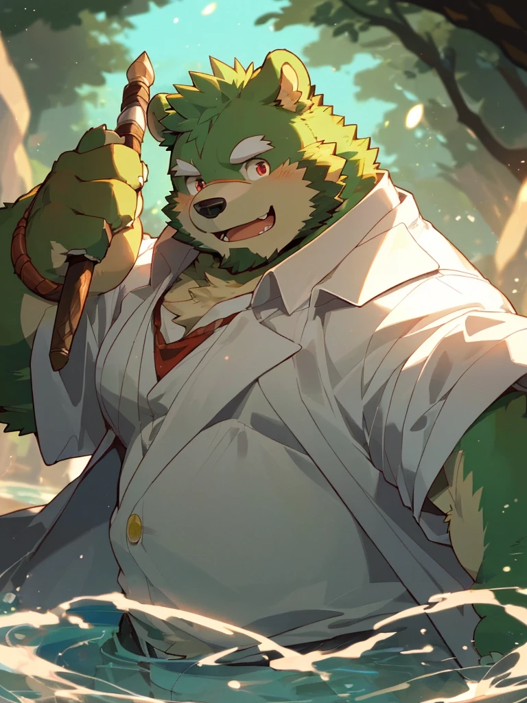 anthro, kemono, male, solo, ((round face, very plump face, thick beard)), ((endomorph body type, old-aged)), (adventure costume), ((green bear, bear) fluffy fur, fluffy), (at old ruin, dungeons), bokeh, (high quality, highres, masterpiece), (dynamic lighting, vivid color), (generous smile), (face focus), front view (close up), cartoon, (((green bear))), (((green fur))), green hair, beard, white eyebrows, bald, detailed red eyes, tall, mage staff, magic, (black t-shirt inside), (((white unhooded trench coat ))), by zixiong, by takemoto arashi, by zixiong, (by null-ghost:0.8), (by t.y.stars:0.4)