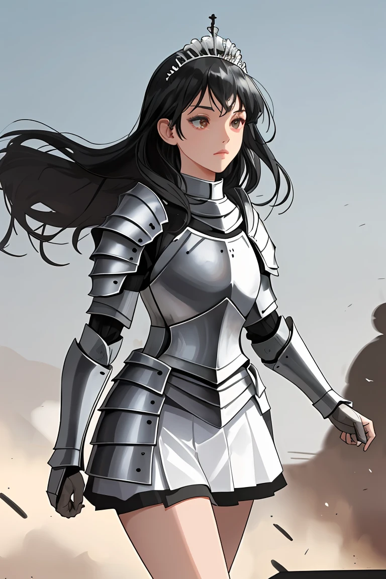 female knight armor tiara Black Hair White mini skirt battlefield