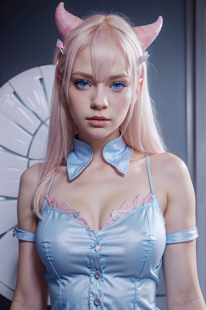 Make me an albino female character with blue eyes and pink horns and elegant and sexy clothes