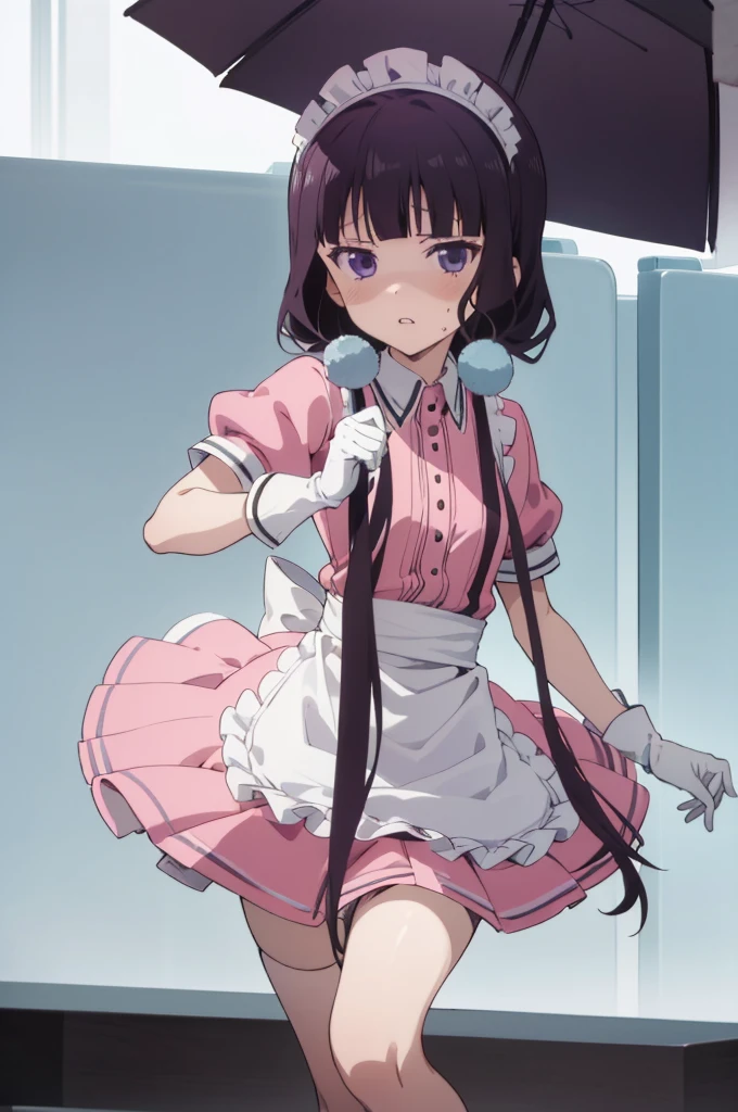 (((picture perfect))), (absurdres), 1girl, solo, maika sakuranomiya, maid, maid headdress, waist apron, (pink shirt, pink skirt:1.2), short sleeves, white gloves, looking at viewer, shaded face, disgusted, parted lips, cafe