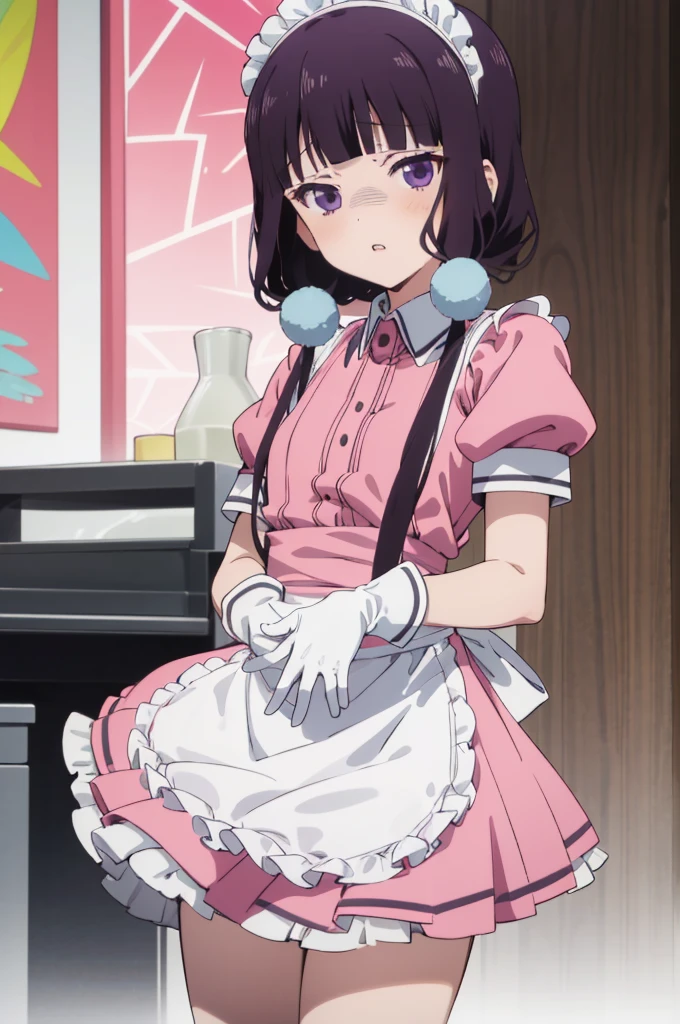 (((picture perfect))), (absurdres), 1girl, solo, maika sakuranomiya, maid, maid headdress, waist apron, (pink shirt, pink skirt:1.2), short sleeves, white gloves, looking at viewer, shaded face, disgusted, parted lips, cafe